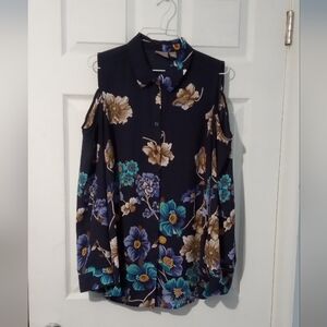 Chico's Navy Floral Cold Shoulder Blouse